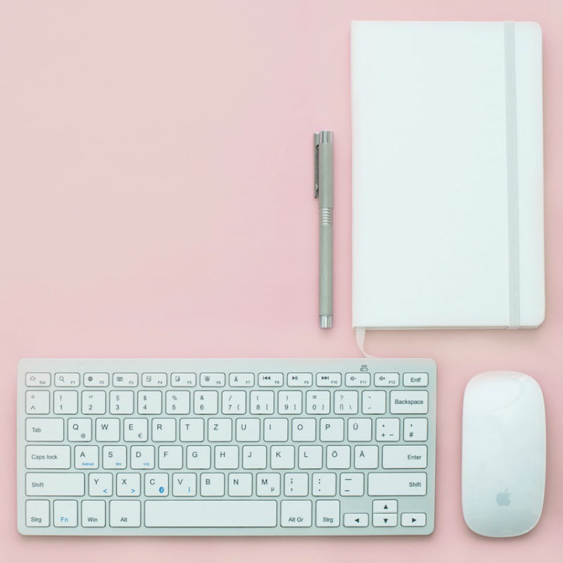 keyboard work pink pen notebook white