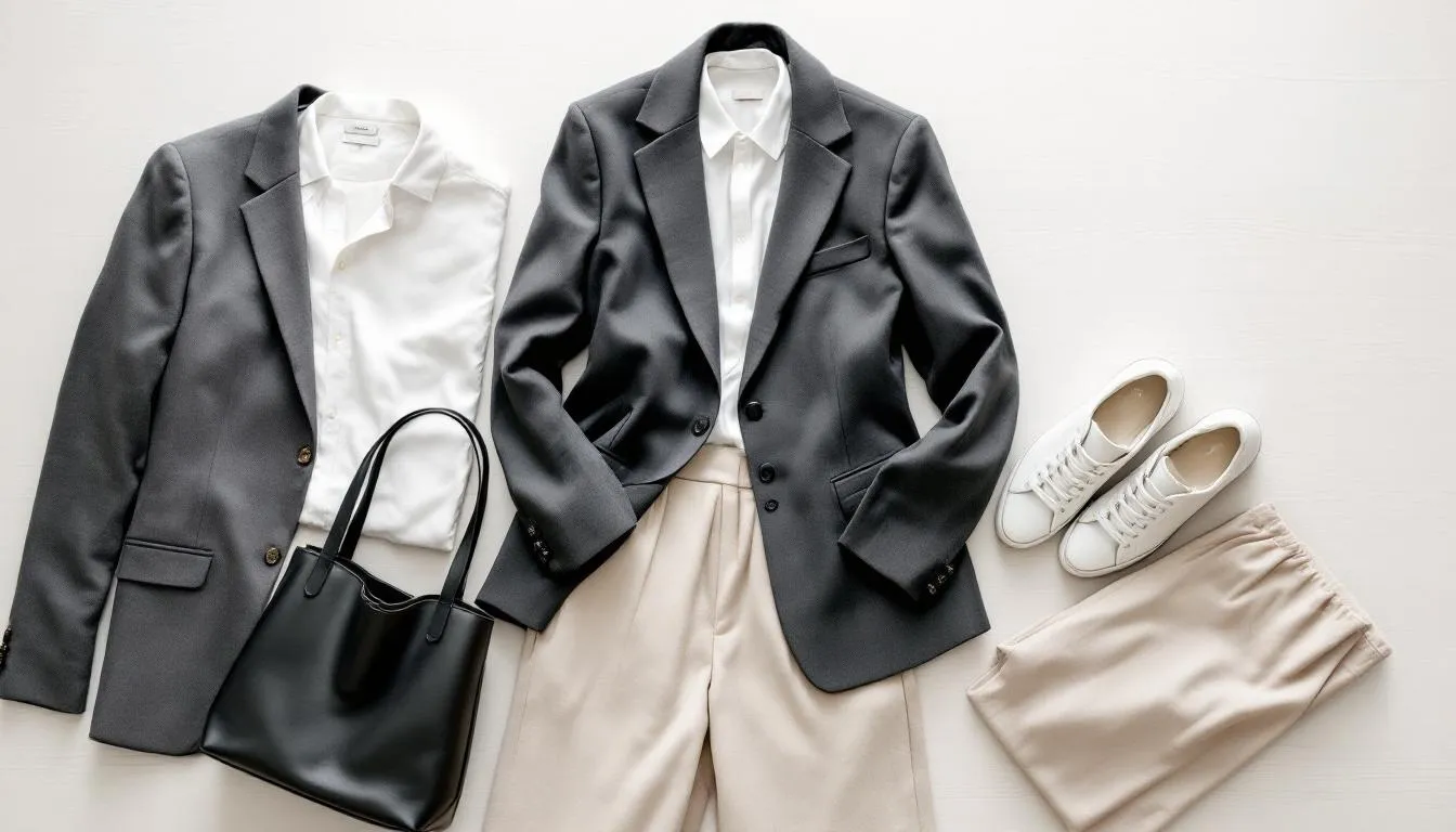 A versatile capsule wardrobe for travel, featuring a selection of stylish clothes and accessories neatly arranged.